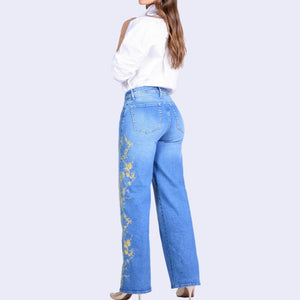 Wide Leg Jeans Mid Rise Bordado Dorado