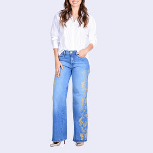 Wide Leg Jeans Mid Rise Bordado Dorado