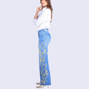 Wide Leg Jeans Mid Rise Bordado Dorado